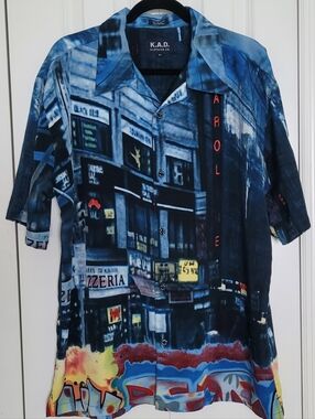 Vintage Y2K Mens Button Front Cityscape Shirt KAD Clothing Size M City Scene